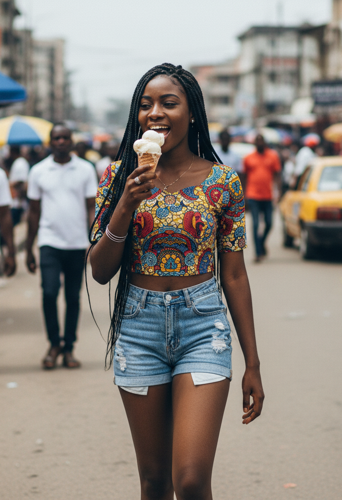 Smiling woman representing Nigerian Escort Service in Mohali enjoying ice cream outdoors