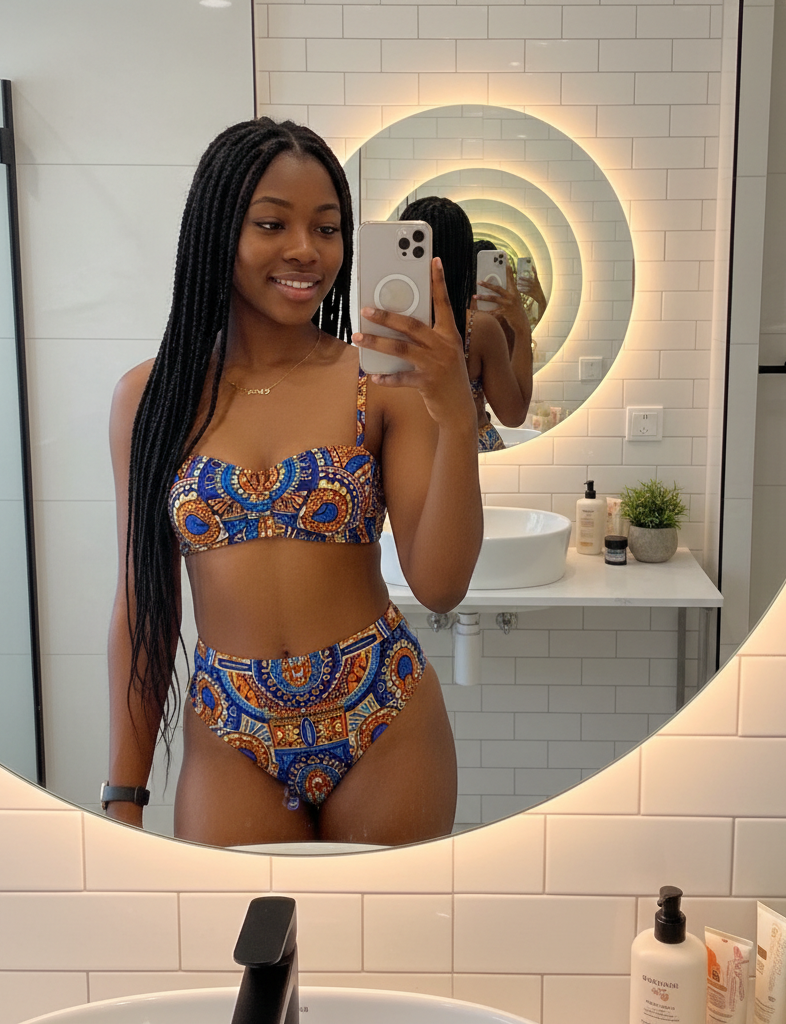 Confident model for Nigerian Escort Service in Mohali taking mirror selfie in colorful outfit