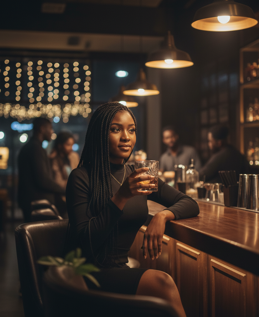 Elegant woman at a bar enjoying a drink, representing Nigerian Escort Service in Mohali