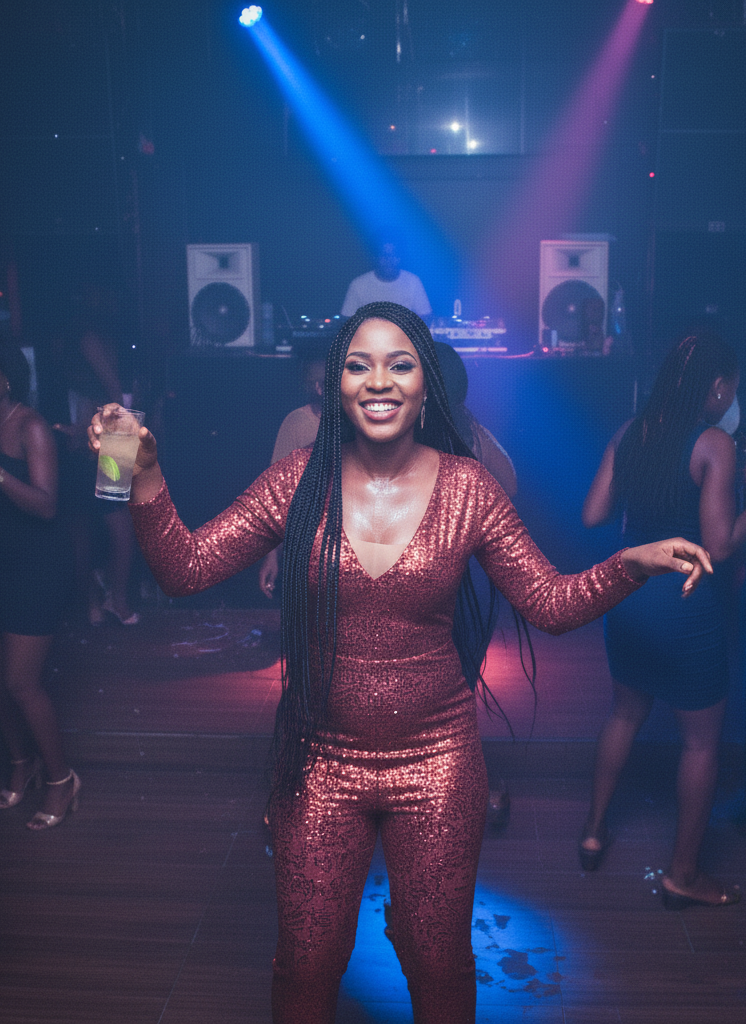 Smiling woman dancing at nightclub, representing Nigerian Escort Service in Mohali