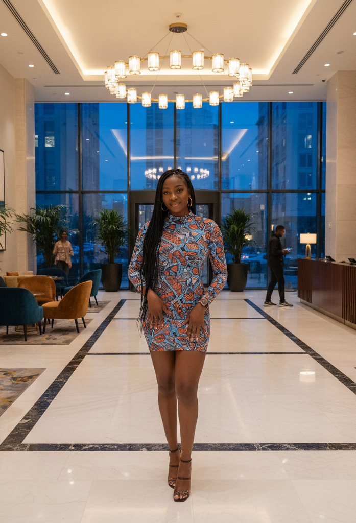 Fashionable lady posing in hotel lobby for Nigerian Escort Service in Mohali