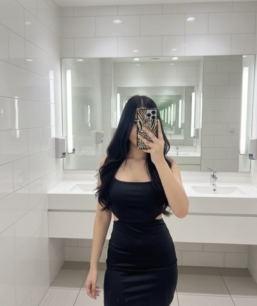 Independent escort in Mohali taking mirror selfie in black dress