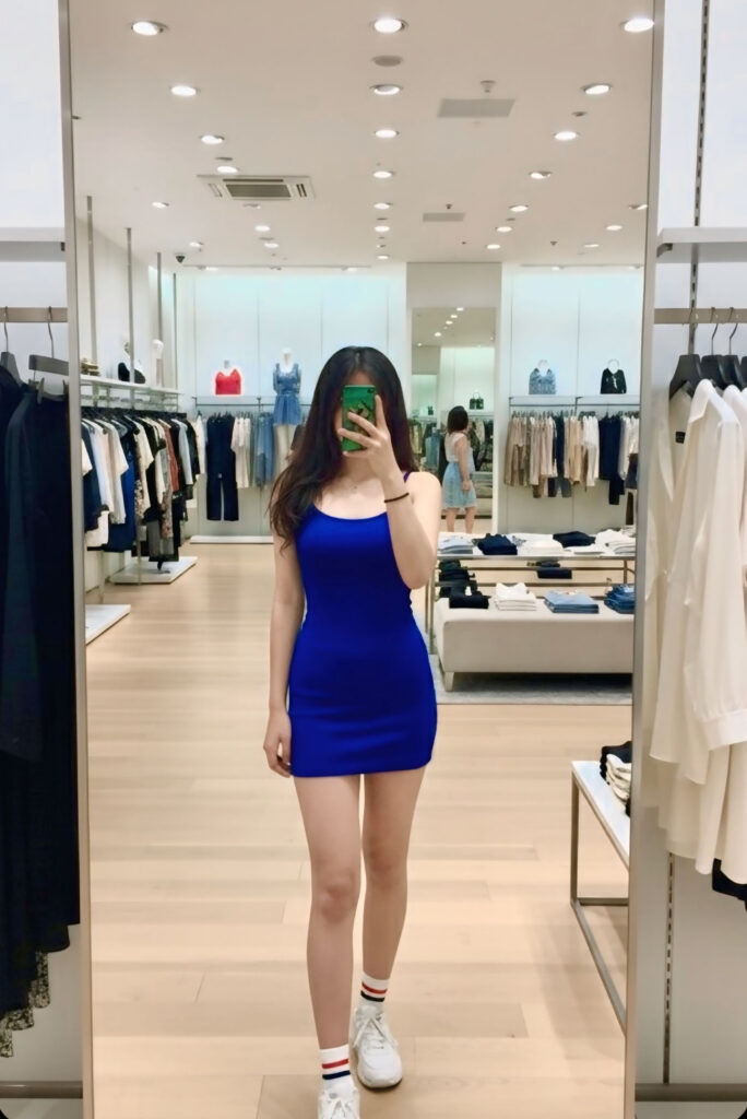 Stylish young call girl in blue dress posing in mall