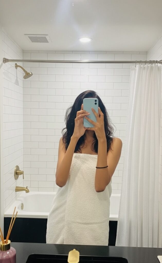 “confident woman posing in towel – Shristi Fun”