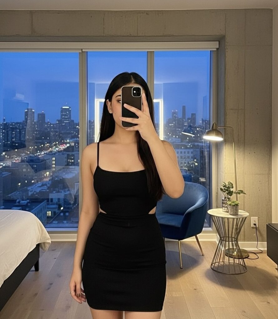 "stylish woman taking a mirror selfie in a black dress with city view background"