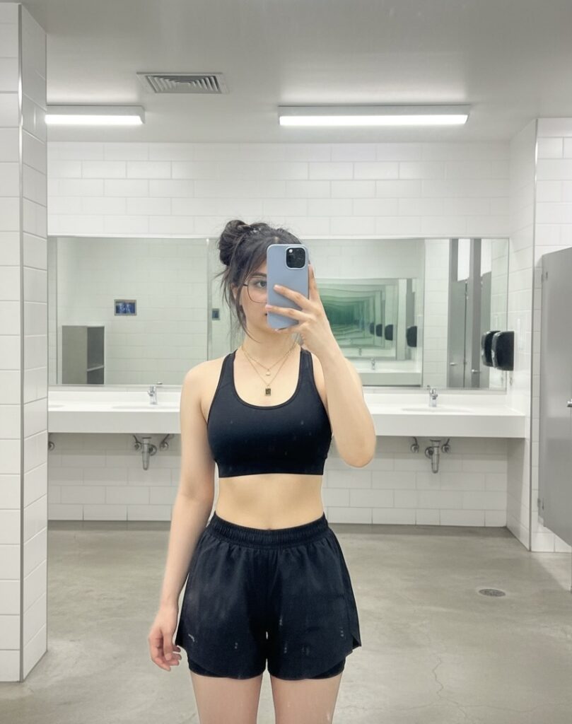 "confident woman taking a mirror selfie in gym outfit"