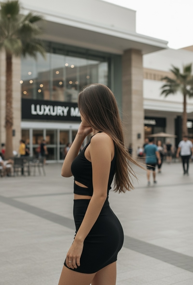 Person standing outdoors near shopping mall in elegant black outfit