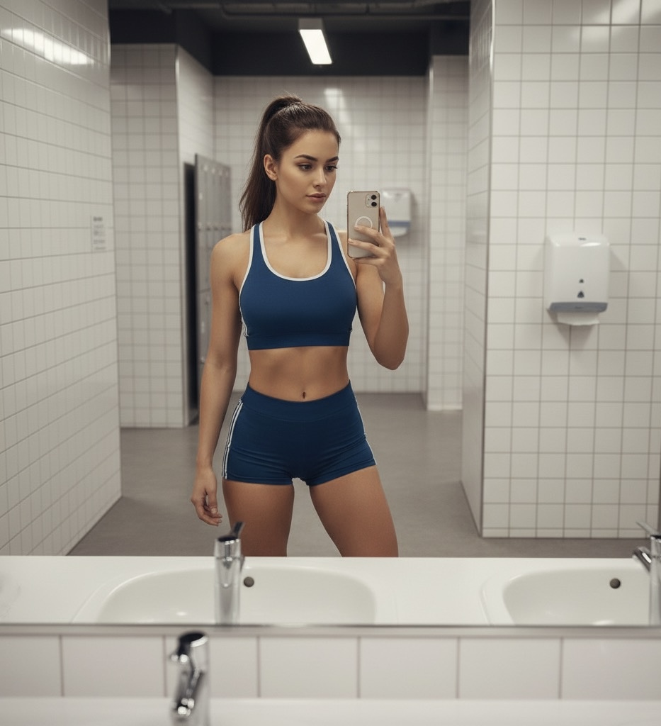 Russian fitness girl in blue sportswear taking mirror selfie at gym locker room