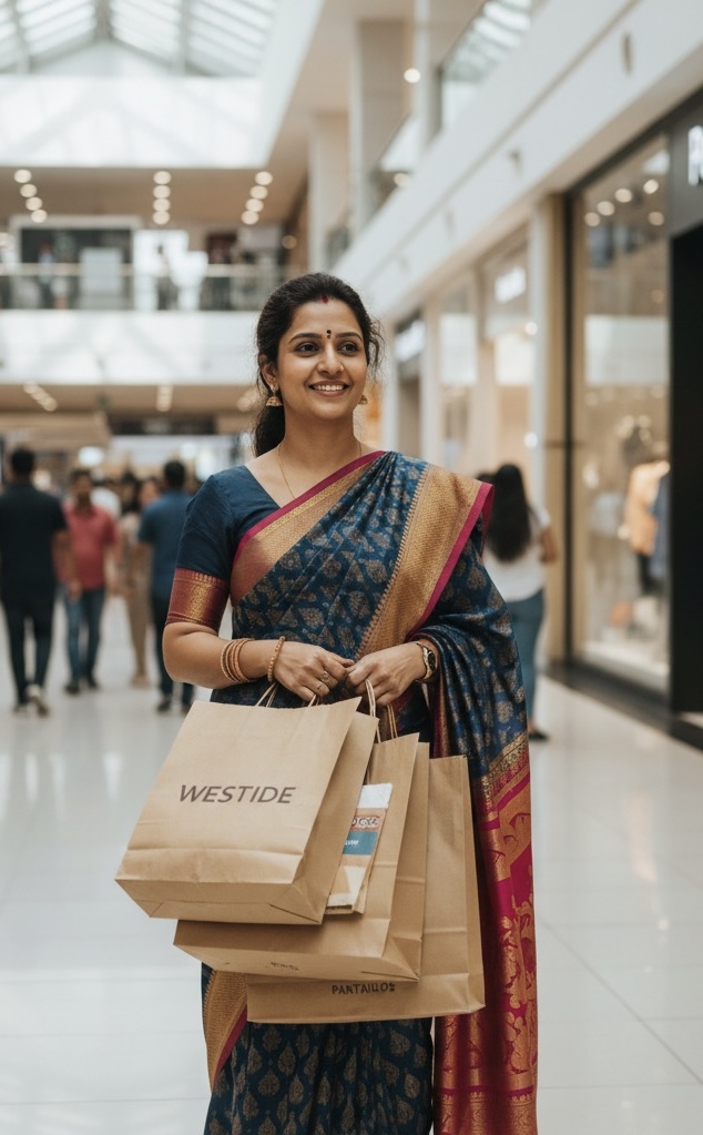 Mohali escort service with married women enjoying shopping in a mall wearing saree