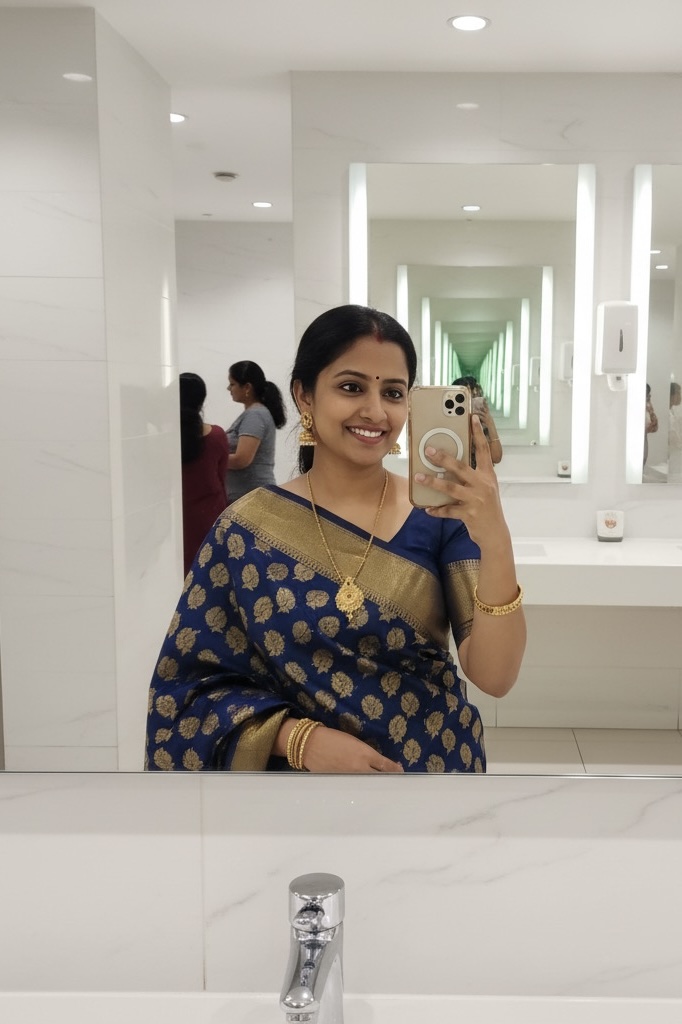 Beautiful Indian bhabhi with blue saree smiling in mirror – Mohali escort service with married women