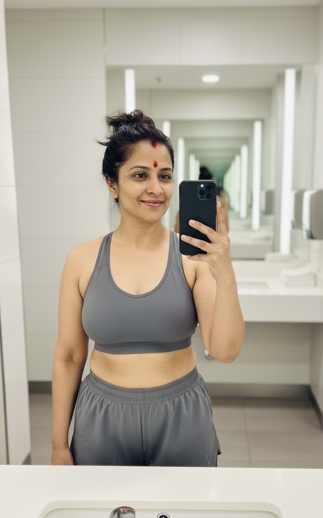 Fit Indian aunty with sporty outfit taking mirror selfie – Real aunty escort profiles in Mohali