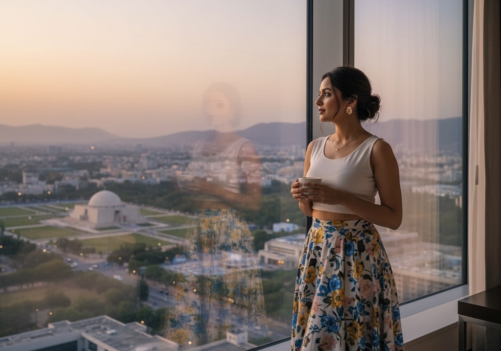 Mohali escort service with married women enjoying city view from hotel room