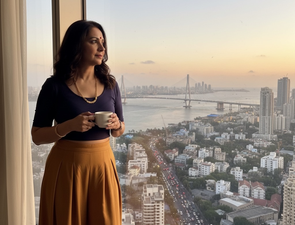 Indian aunty enjoying tea while looking at city view in Mohali.