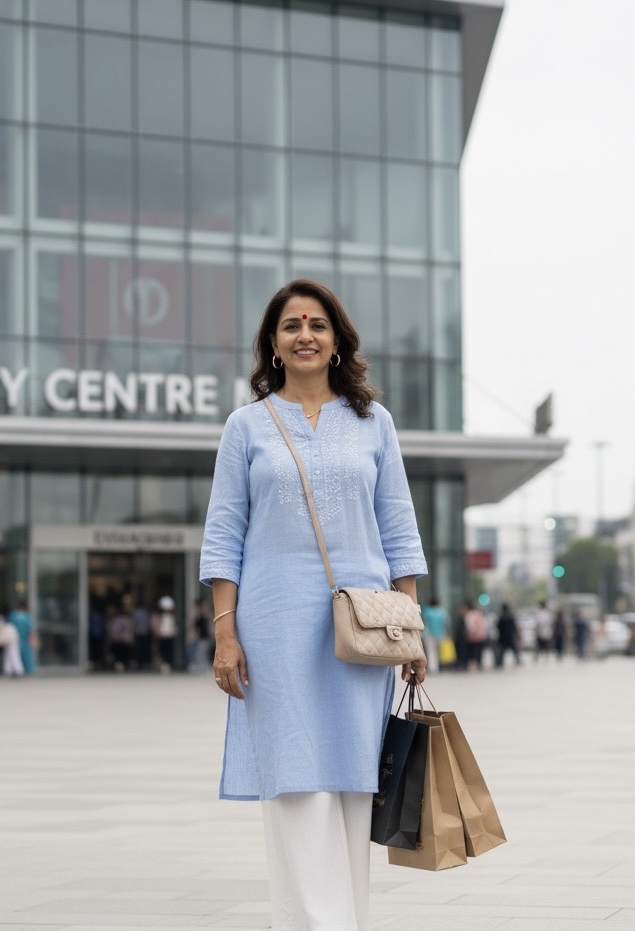 Mature Indian aunty with shopping bags outside city centre – Real aunty escort profiles in Mohali