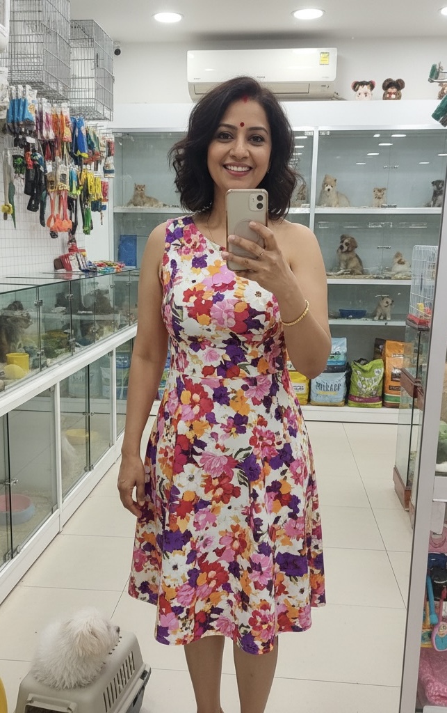 Smiling Indian bhabhi with floral one-shoulder dress – Desi bhabhi escorts nearby Chandigarh
