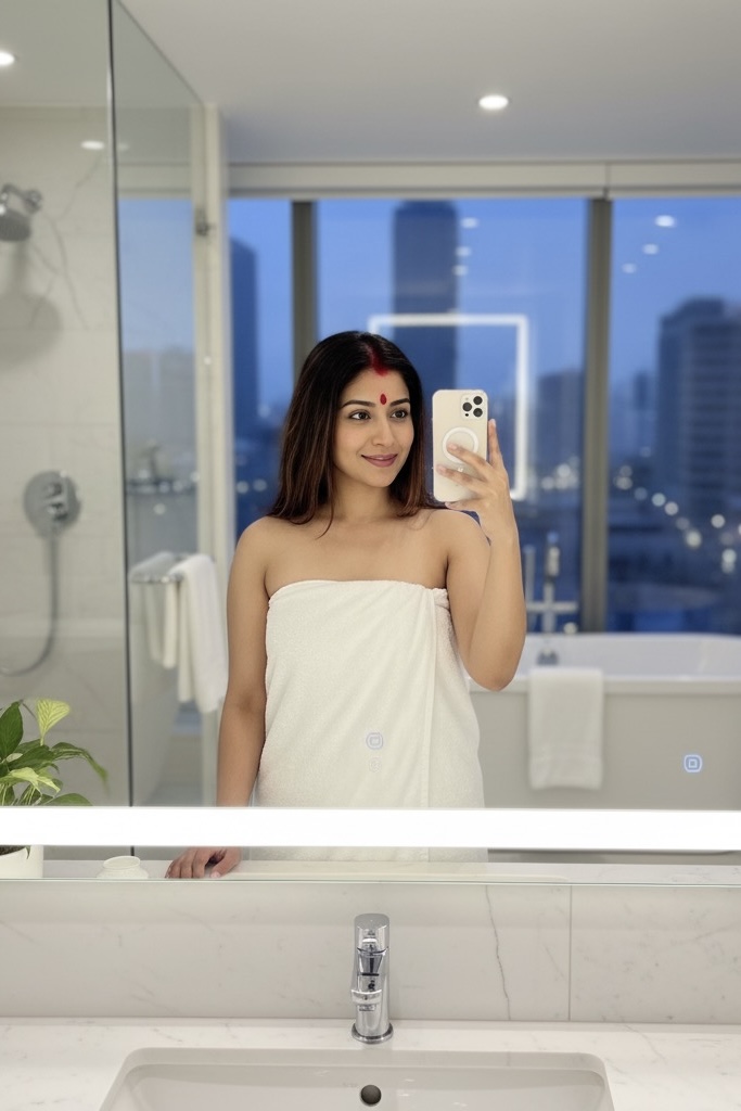 Beautiful Indian bhabhi with towel wrap taking mirror selfie – Mohali escort service with married women