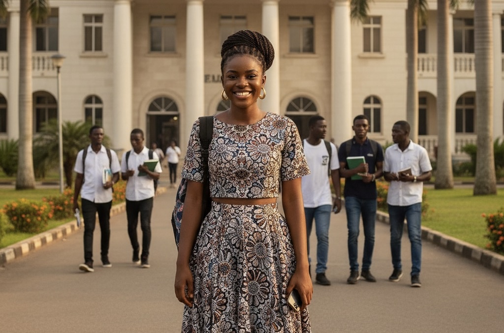 Smiling Nigerian woman representing Nigerian Escort Service in Mohali standing outside college building