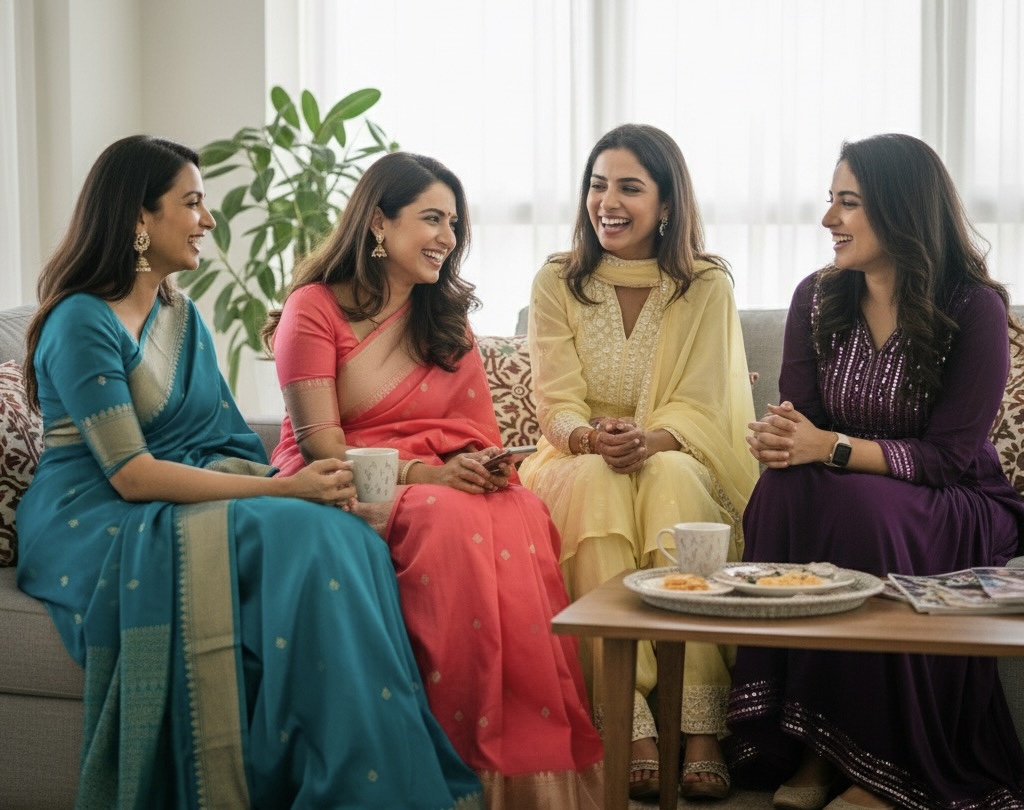 Indian bhabhis in colorful sarees enjoying tea and talking in Mohali